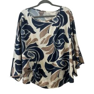 Blue & Brown Floral Design Top Blouse Chico’s Shirt Flowy Style Women’s 3 XL Fit